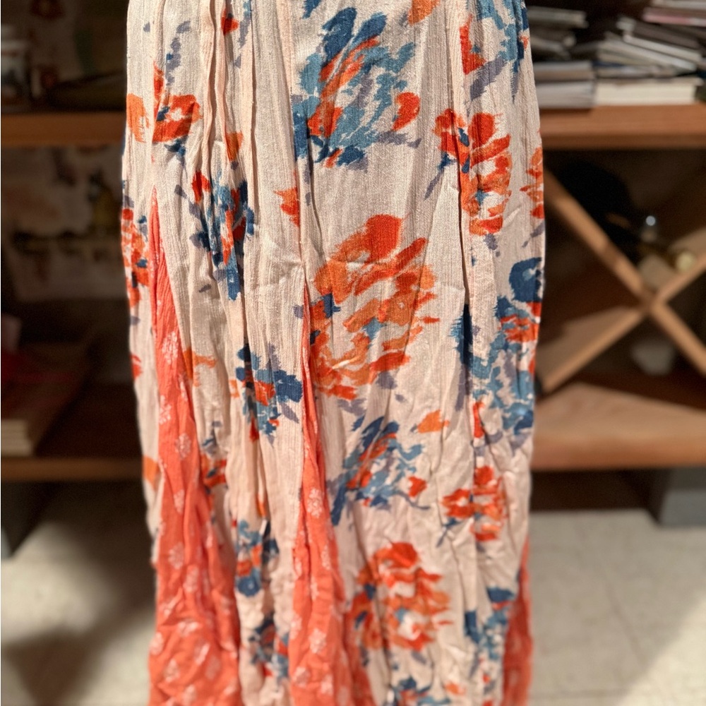 Free People Coral and Blue Floral A-Line Skirt - Picture 2 of 5